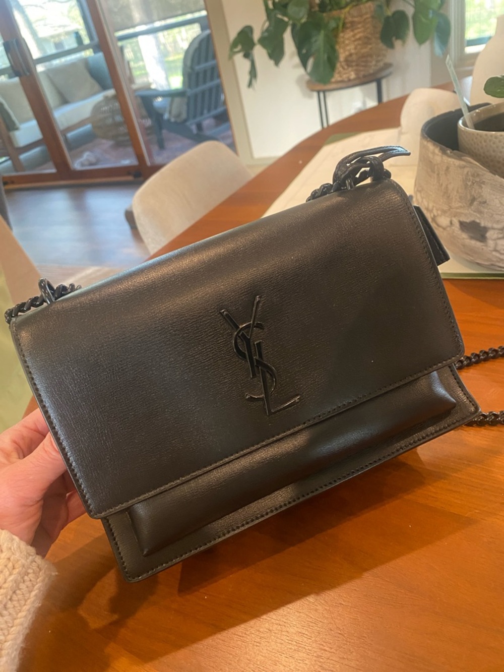Saint Laurent Black Leather Chain Shoulder Bag with YSL Logo